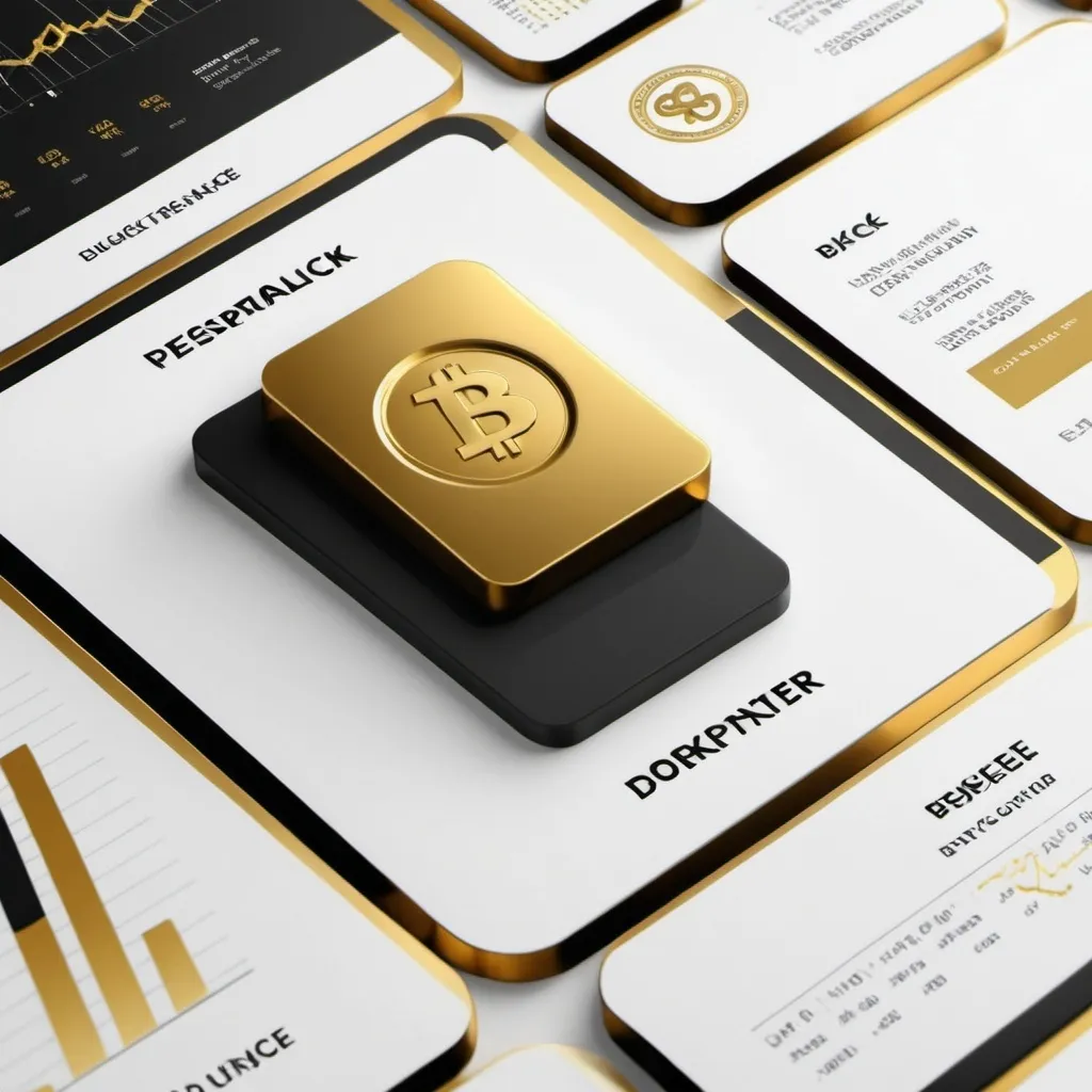 Prompt: Create presentation deck background with  white black and golden elements

Inspired by wall street, stocks and "Decentralized Finance" and crypto

