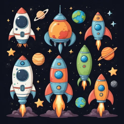 Prompt: illustrate me Rocket ships, planets, stars, and astronauts with friendly alien characters