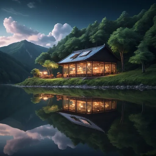 Prompt: A tea shop on the top of a mountain beside A serene mountain lake surrounded by lush forests with a reflection of the sky and clouds. Night time close up, ultra detailed shot 