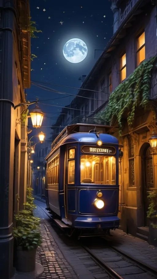 Prompt: An old, mystical tramcar glides silently through a winding, narrow street in a hidden, enchanted city at twilight. The buildings, ancient and grand, are adorned with intricate carvings and ivy creeping up their walls, glowing faintly with warm, amber lights from within. The tram, painted in deep, midnight blue with golden accents, has ethereal, wispy lights that trail behind it as it moves, almost as if it’s floating above the tracks. The sky above is a deep indigo, sprinkled with twinkling stars, while a full moon casts a silver glow over the cobblestone streets. Lanterns hang from wrought-iron poles, their light flickering gently in the evening breeze. The air is filled with a sense of wonder and mystery, as if the city itself holds secrets waiting to be discovered. The atmosphere is serene, yet otherworldly, creating a comforting darkness that invites one to explore the unknown.