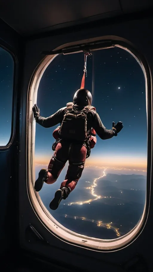 Prompt: A nighttime skydiving scene where a man is just about to jump out of a plane. The sky is dark, illuminated by the soft glow of the moon and stars. The plane's interior light casts a dim, cool hue over the man, highlighting his tense, focused expression as he prepares to leap. He's positioned at the open door, with his parachute and gear strapped on. Below him, the distant city lights twinkle faintly, while the vast, dark landscape stretches out beneath the night sky, creating a sense of anticipation and thrill.