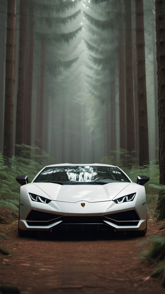 Prompt: Aesthetic shot of lamborghini temarario in a forest