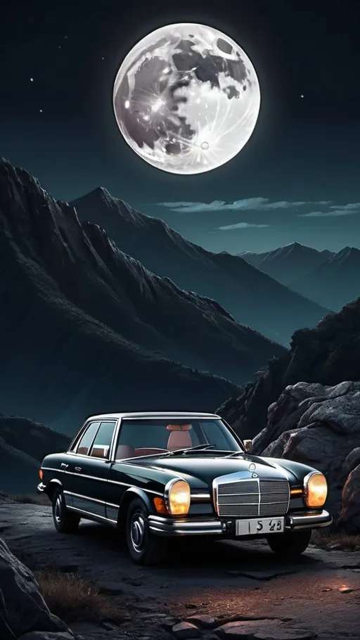 Prompt:  A vintage mercedes on the top of mountain edge, shot zoomed out. Night time with moon, dark atmosphere with ultra detailed anime feeling