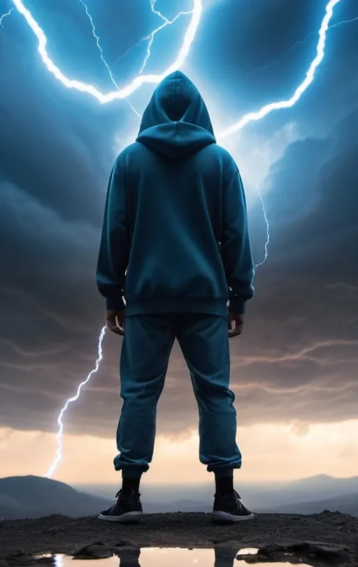 Prompt:  powerful electrokinesis hero stands on a vast, mirror-like surface that perfectly reflects the stormy sky above. The hero, dressed in a simple oversized hoodie and loose pants, gazes far into the distance with a calm yet determined expression. The reflection of the sky on the ground creates a seamless blend of earth and sky, making it appear as though the hero is standing in an infinite, surreal space. Small rocks and debris float around the hero, suspended mid-air by telekinetic forces, adding an ethereal feel to the scene. Bright arcs of electricity crackle around the hero, illuminating the scene with a sharp, electric blue light. The hoodie and pants are slightly ruffled by the energy, with the fabric gently billowing. The sky is a dark, swirling mass of clouds, occasionally lit up by bolts of lightning, which also reflect vividly on the mirror-like surface beneath. The hero's eyes softly glow with electric power as they contemplate the vast horizon, their stance relaxed yet poised, ready to harness the immense energy around them in this tranquil yet electrifying moment.