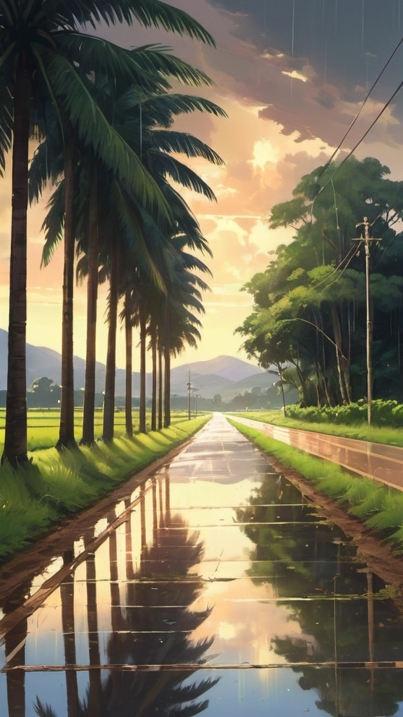 Prompt: An anime-style portrait of a serene countryside road after a rain shower. The road is narrow, flanked by lush green fields, with puddles reflecting the dark clouds that are parting to reveal a soft, glowing twilight. Tall palm trees line the road, their leaves gently swaying in the cool breeze. The distant hills are bathed in a golden hue, creating a nostalgic atmosphere. The scene is quiet, with only the soft sounds of nature, evoking a sense of peace and reflection, as if capturing a moment from a forgotten memory.