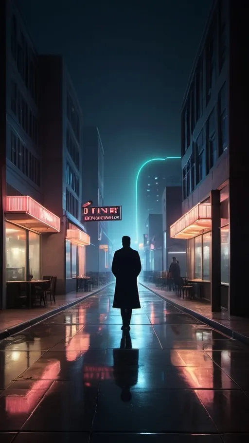 Prompt: An empty city plaza at midnight, illuminated by the glow of neon signs and soft moonlight. Sleek, reflective glass buildings surround the area, their lights creating abstract patterns on the wet pavement. A gentle mist hangs in the air, adding a dreamy and mysterious ambiance. In the distance, a lone figure in a trench coat walks along a quiet street, their silhouette framed by the distant lights of a late-night diner. The overall vibe is serene yet intriguing, blending modern urban life with a cinematic, noir-style atmosphere.