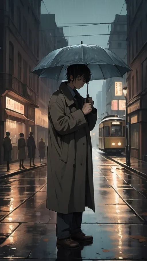 Prompt: A moody, anime-style portrait of a lone figure standing under a dimly lit streetlamp on a quiet city street. The scene is set at twilight, with a gentle drizzle reflecting the soft glow of distant neon signs. The figure is dressed in a long coat, slightly hunched as they hold an umbrella. The surrounding buildings are old and weathered, their windows glowing warmly, hinting at the lives within. The sky is overcast with dark, swirling clouds, creating a melancholic yet comforting atmosphere. Fallen leaves scatter the wet pavement, and in the distance, an old tram slowly rumbles by. The overall feeling is one of deep nostalgia, a longing for a simpler time, wrapped in the warm embrace of the city's quietude.