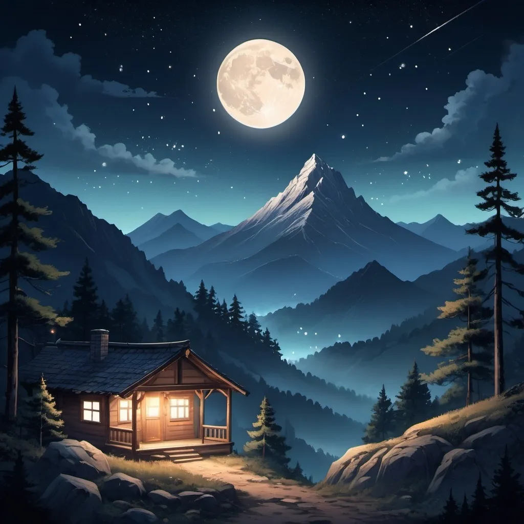 Prompt: Anime style scene of A tranquil nighttime mountain scene, with the peak shrouded in soft moonlight. The mountain is dotted with tall pine trees, their silhouettes blending into the misty air. A narrow trail winds up the mountainside, dimly illuminated by vintage lanterns, casting a warm glow. At the summit, a small, cozy cabin with glowing windows offers a nostalgic feeling of comfort. In the starry sky above, constellations twinkle, while the faint glow of a distant village at the mountain's base adds a sense of peaceful nostalgia.