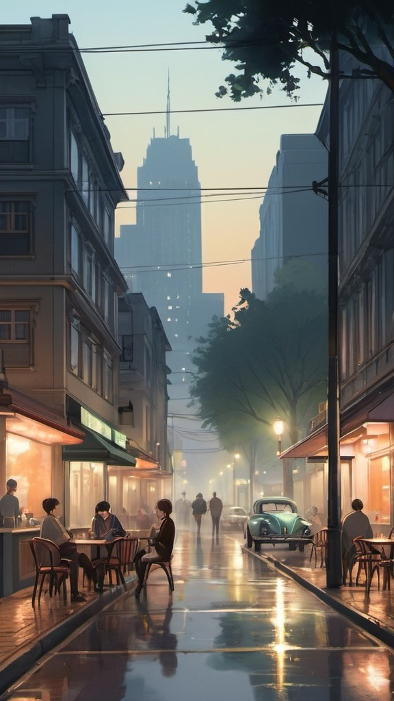 Prompt: Animestyle art of a 
peaceful city evening, but with a different atmosphere. The mist is replaced with crisp, clear air, and the streetlights add a subtle glow. There’s a blend of modern and vintage cars on the road, and the café feels more alive with a few people quietly enjoying their drinks. The tall trees stand firmly against the urban backdrop, adding a refreshing contrast to the otherwise concrete environment