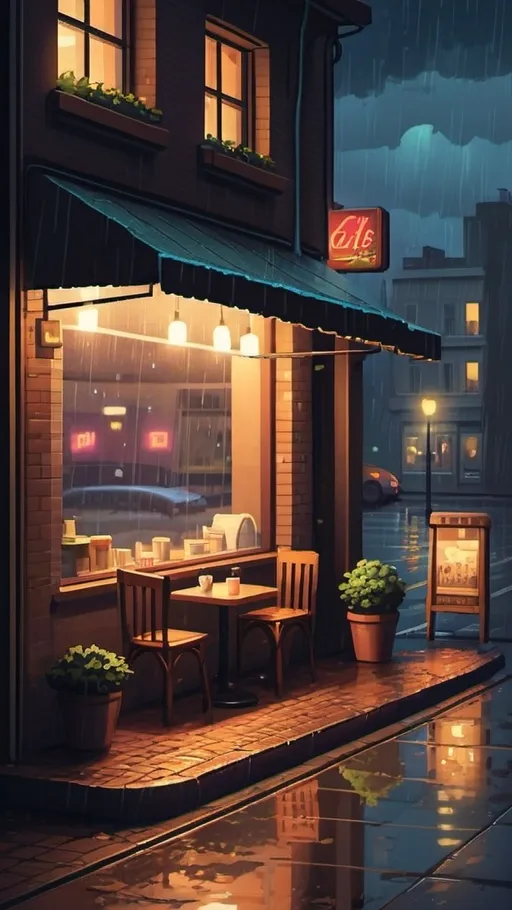 Prompt: Create a pixel art scene of a cozy, dimly-lit café at night with a rainy city street outside. The café has a warm, inviting glow with a few customers sitting at tables, enjoying their coffee. Outside the window, soft rain falls, reflecting neon signs from nearby shops. A vintage streetlamp illuminates the wet pavement, and a cat sits on the windowsill, watching the rain. The art style should evoke a nostalgic and peaceful atmosphere.