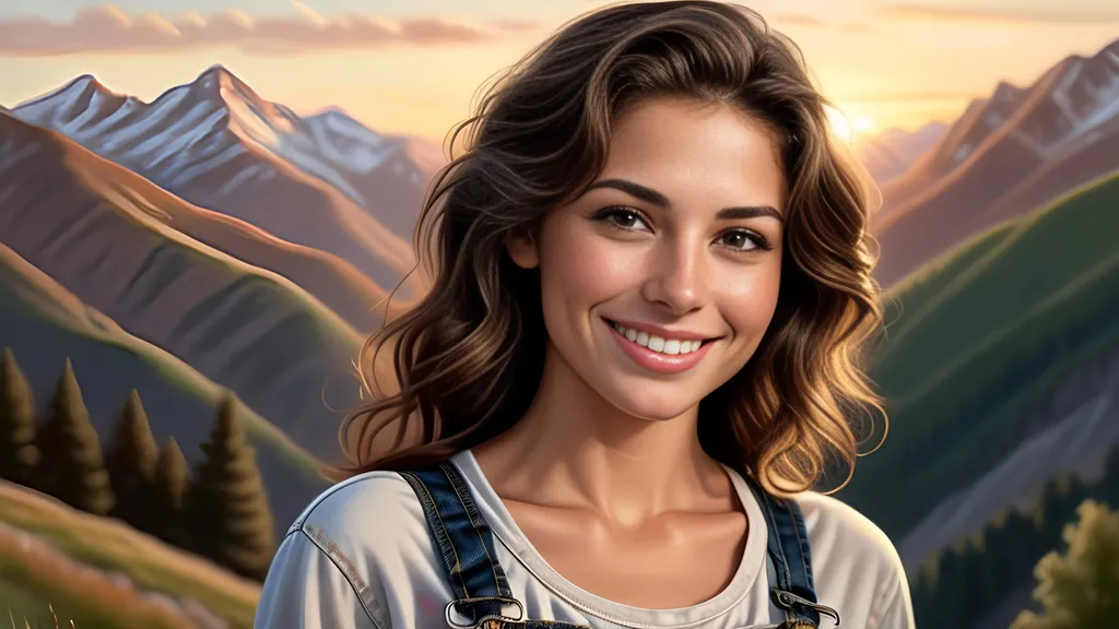 Prompt: Portrait of a strikingly beautiful 30 year old woman, photorealism, happy smile, mysterious hazel green/brown eyes, natural pouty lips, black brown wavy hair, tanned overalls, peaceful serene sunset in the mountains, hyper realistic, lifelike, detailed facial features, realistic lighting, serene atmosphere, high quality, photorealism, mountain landscape, detailed expression, lifelike portrayal, peaceful surroundings, realistic skin tones