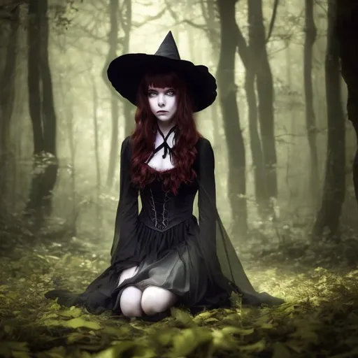 Prompt: a pretty evil young witch in forest
