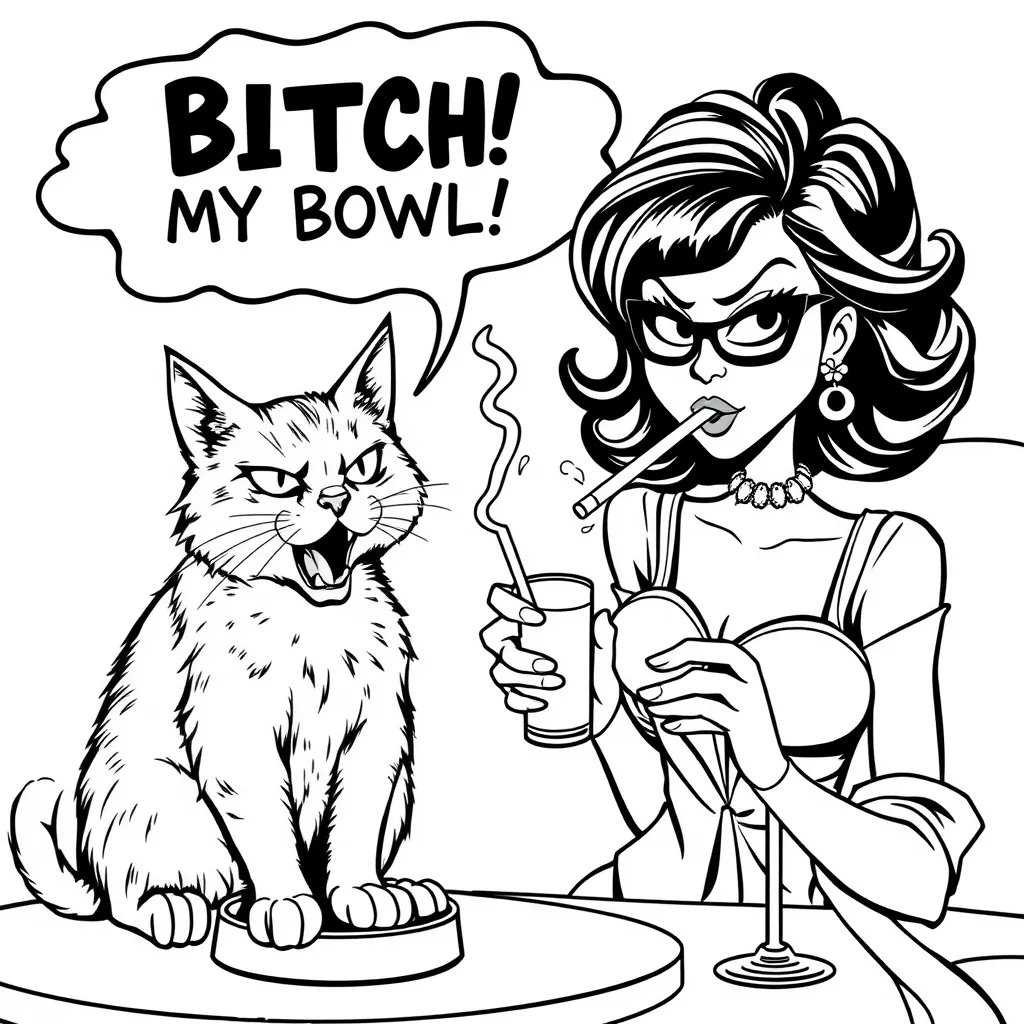 Prompt: Create a funny image in bold line art style that is black and white , that will be suitable for a coloring book. There is a very angry cat yelling “BITCH MY BOWL is Empty !  The owner is a prissy elegant Karen with a very snarky face, she’s holding a cigarette in her mouth while holding a drink in the other hand. The woman doesn’t seem to care about the car. The cat is pissed off and the woman has a snarky look on her face like she doesn’t care. The image should be over the top, edgy, trendy and very humorous. It should be very engaging, captivating and full of crazy drama. No shadows, no shadings, bold line art style, no intricate details. 
