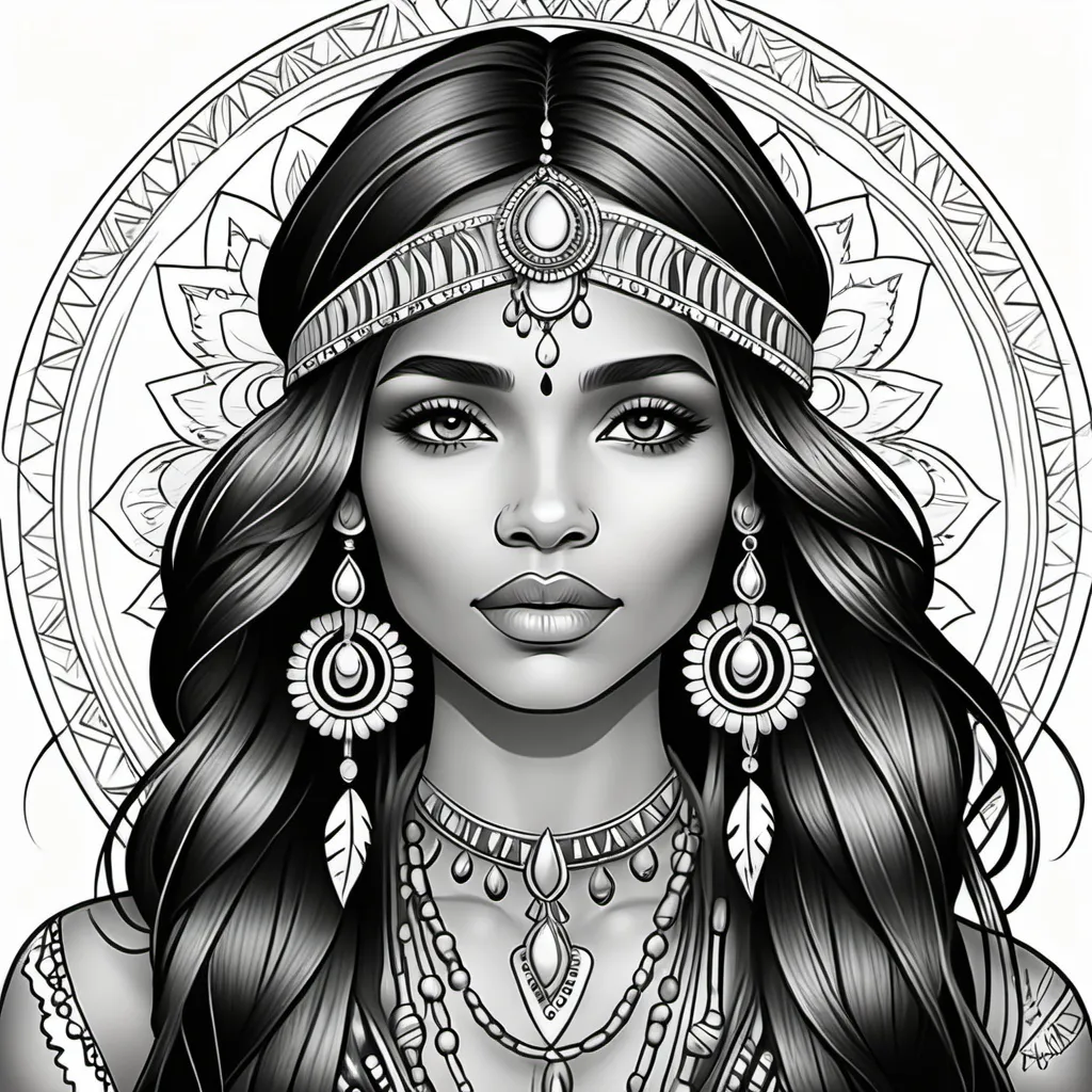 Prompt: bohemian woman), black indian, make hair lighter, no shadows, no shading, high-cheek bones, transparent hair , line art, long straight hair, bohemian jewelry , woman theme, suitable for coloring, whimsical details, engaging a high-quality clarity, clean lines, enchanting motifs, relaxing and soothing illustrative aesthetic, will be used for a coloring book, coloring pages,, line art