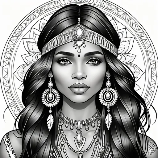 Prompt: bohemian woman), black indian, make hair lighter, no shadows, no shading, high-cheek bones, transparent hair , line art, long straight hair, bohemian jewelry , woman theme, suitable for coloring, whimsical details, engaging a high-quality clarity, clean lines, enchanting motifs, relaxing and soothing illustrative aesthetic, will be used for a coloring book, coloring pages,, line art