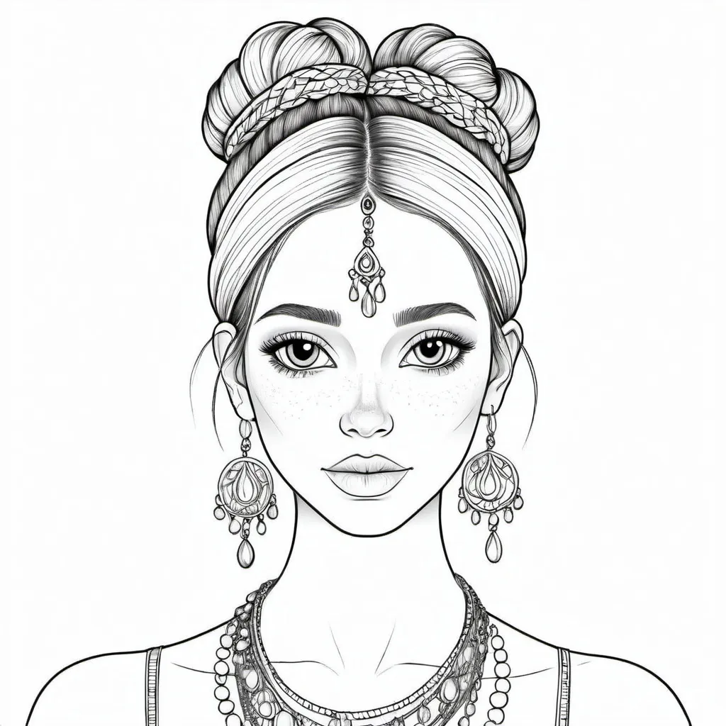 Prompt: A bohemian woman, Caucasian,  whimsical,( transparent bun),  (ultra thin line art), (no color illustration), high quality,( bohemian transparent hair),  jewelry, (beauty mark),  dimples,  (no shadows), (no shading), suitable for coloring, whimsical details, engaging a high-quality clarity, clean lines, enchanting motifs, (relaxing and soothing transparent illustrative aesthetic),( vector image)