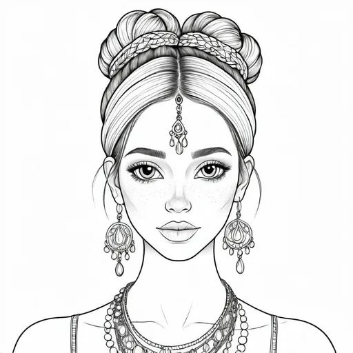 Prompt: A bohemian woman, Caucasian,  whimsical,( transparent bun),  (ultra thin line art), (no color illustration), high quality,( bohemian transparent hair),  jewelry, (beauty mark),  dimples,  (no shadows), (no shading), suitable for coloring, whimsical details, engaging a high-quality clarity, clean lines, enchanting motifs, (relaxing and soothing transparent illustrative aesthetic),( vector image)