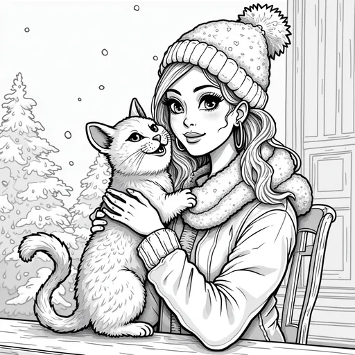 Prompt: "An exotic realistic looking latina  fashionista  woman is holding  her beautiful regal   joyful  happy rambunctious mackerel tabby  cat outside while sitting on the patio, face should change in every image,  hands are hidden beneath cats hair, fashionista has   natural  light-colored hair long hair, small regular size eyes,  large lips, high cheekbones, dressed in cozy winter attire and a soft textured winter hat, wears big hoop earrings, make sure the fashionista has five fingers and are hidden or tucked away, wears bold hoop earrings  looking confident and happy , background scene is snow covered trees and snow falling, The image should be in black and white, designed for a coloring book, with pure, clean bold lines. Avoid any grayscale, shading, shadows, or dark areas, creating a light and airy feel. Focus on sharp, well-defined bold details for an up-close, focal view of cat  that is captivating and highly engaging, difference face in every image, background scene, cozy fireplace