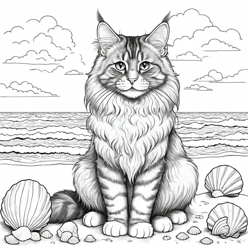 Prompt: "A whimsical line art of a Maine Coon cat sitting on a beach, featuring a serene ocean and sky in the background. The cat has a playful, engaging expression, suitable for teens and adults. The design includes seashells, gentle waves, and puffy clouds, drawn in a smooth and flowing line art style. The image is perfect for a coloring page, with no color and no shading, focusing on creating a fun and relaxing scene." line art, suitable for coloring