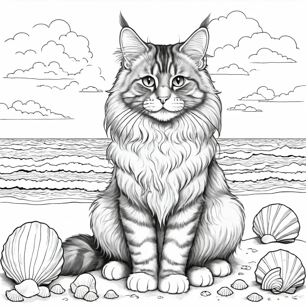 Prompt: "A whimsical line art of a Maine Coon cat sitting on a beach, featuring a serene ocean and sky in the background. The cat has a playful, engaging expression, suitable for teens and adults. The design includes seashells, gentle waves, and puffy clouds, drawn in a smooth and flowing line art style. The image is perfect for a coloring page, with no color and no shading, focusing on creating a fun and relaxing scene." line art, suitable for coloring