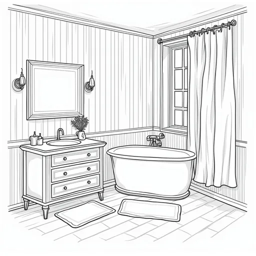 Prompt: Create a  bold line art  whimsical interior image in black and white with bold lines and high levels of sharpness, of small size little comfy adult master bathroom suite hygge cozy style, featuring a upscale vanity and corner large spa tub, towels, cozy window curtain and cozy floor mats,  detailed imagery, cartoon style
