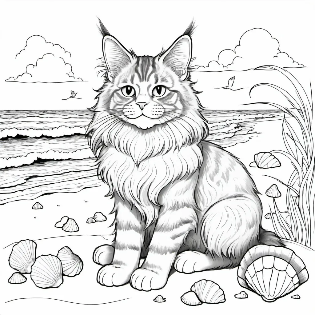 Prompt: "A whimsical line art of a Maine Coon cat sitting on a beach, featuring a serene ocean and sky in the background. The cat has a playful, engaging expression, suitable for teens and adults. The design includes seashells, gentle waves, and puffy clouds, drawn in a smooth and flowing line art style. The image is perfect for a coloring page, with no color and no shading, focusing on creating a fun and relaxing scene." line art, suitable for coloring , black and white, whimsical dog illustrations, illustrative aesthetic, perfect for ages 4-8, playful shapes, delightful smiles, friendly demeanor, cheerful atmosphere, inviting design, fun and approachable style, captivating and child-friendly visual, inspiring creativity through playful art.