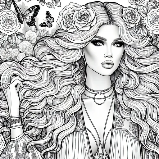 Prompt: Solo black and white, bold line art, illustrative coloring page, realistic style,  black and white color scheme , exotic european german woman, with european gweerman featrures  features, smoldering eyes, nd nose, high cheekbones,  hollow - white transparent skin  and  hollow- white transparent hair , suitable for a coloring page,  looking down at large detailed roses  has transparent hollow-white skin,   voluminous transparent  long layered  bohemian hair,  boho trendy attire, and boho large hoop earrings, vibrant detailed rose garden  with big butterflies and birds  captivating presence, unique design elements, high quality clean detailed illustration, -no shading , -no color, -no shadows, - no darkness -no filler,  -no fogginess, -no eye fogginess, -no muddy details or elements , -no cartoon style
