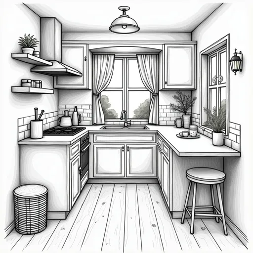 Prompt: Create a bold line art whimsical interior image   of pocket size little  comfy kitchen, featuring, breakfast nook, bay window, island, stove and counter, windows with curtains,   hygge cozy style, detailed imagery 
