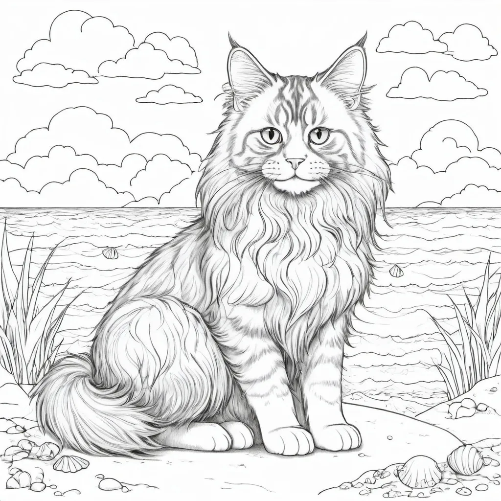 Prompt: "A whimsical line art of a Maine Coon cat sitting on a beach, featuring a serene ocean and sky in the background. The cat has a playful, engaging expression, suitable for teens and adults. The design includes seashells, gentle waves, and puffy clouds, drawn in a smooth and flowing line art style. The image is perfect for a coloring page, with no color and no shading, focusing on creating a fun and relaxing scene." line art, suitable for coloring , black and white, whimsical dog illustrations, illustrative aesthetic, perfect for ages 4-8, playful shapes, delightful smiles, friendly demeanor, cheerful atmosphere, inviting design, fun and approachable style, captivating and child-friendly visual, inspiring creativity through playful art.