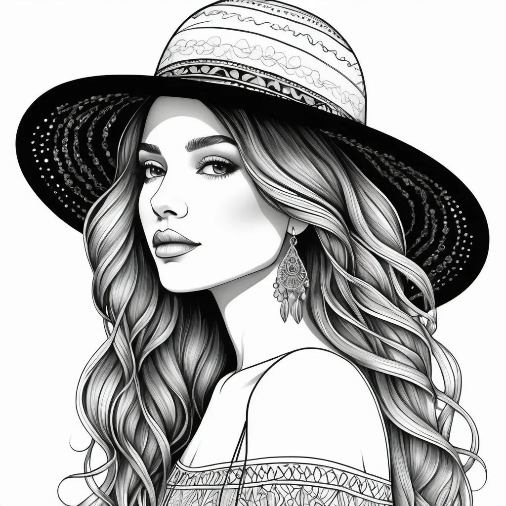 Prompt: bohemian woman), (B&W),  (bohemian 
 transparent hat), (thin illustration), (flowing tight curly transparent hair), (slender nose), (plus size),  dimples, (make hair transparent ), ( no shadows),( no shading,) ,high-cheek bones, (transparent hair ),  (very thin line art, (long straight  transparent hair), bohemian jewelry (suitable for coloring),whimsical details, engaging a high-quality clarity, clean lines, enchanting motifs, relaxing and soothing illustrative aesthetic,  (ultra thin line art) full body