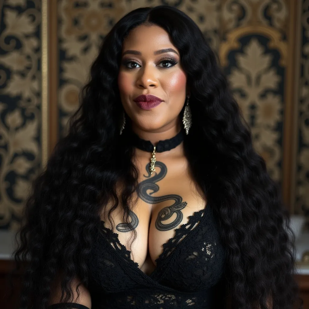 Prompt: Gothic bohemian confident fanshionsita woman with snake tattoo across breast has , had heavy gothic makeup on, wearing black lacey top , has ultra long, long black wavy windblown hair and hazel eyes, is tall , curvy with nice body with large boho jewelry, has a glowing face, is very confident, beautiful and regal 