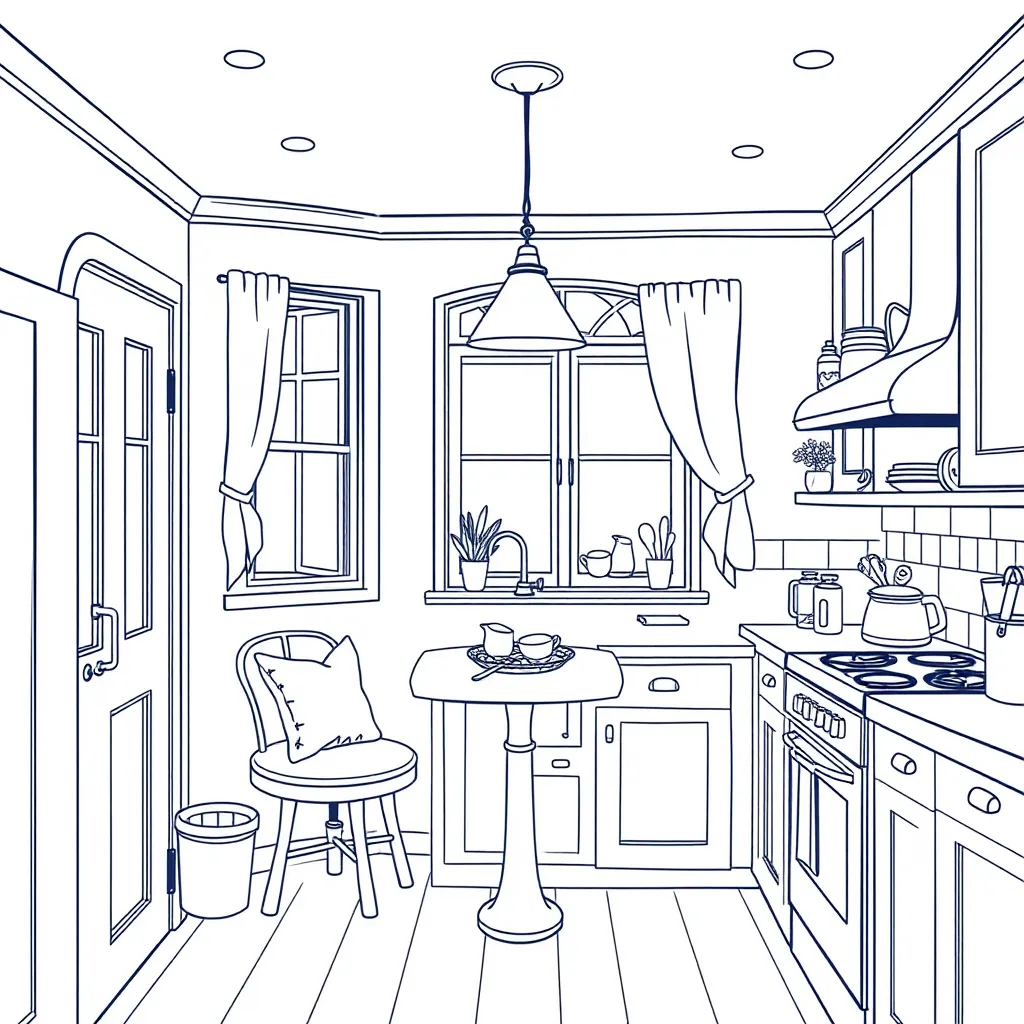 Prompt: Create a bold line art whimsical interior image   of pocket size little  comfy kitchen, featuring, breakfast nook, bay window, island, stove and counter, windows with curtains,   hygge cozy style, detailed imagery 
