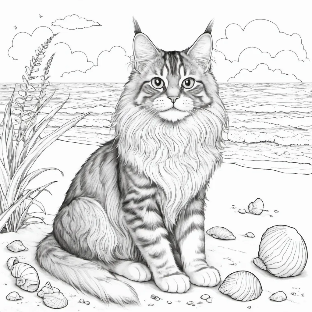 Prompt: "A whimsical line art of a Maine Coon cat sitting on a beach, featuring a serene ocean and sky in the background. The cat has a playful, engaging expression, suitable for teens and adults. The design includes seashells, gentle waves, and puffy clouds, drawn in a smooth and flowing line art style. The image is perfect for a coloring page, with no color and no shading, focusing on creating a fun and relaxing scene." line art, suitable for coloring , black and white, whimsical dog illustrations, illustrative aesthetic, perfect for ages 4-8, playful shapes, delightful smiles, friendly demeanor, cheerful atmosphere, inviting design, fun and approachable style, captivating and child-friendly visual, inspiring creativity through playful art.