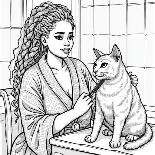 Prompt: "An exotic curvy Jamaican fashionista young woman is combing her beautiful regal   joyful  happy rambunctious mackerel cat near the window,  fashionista has  trendy long light-boho goddess braids, long chin, large lips, high cheekbones, dressed in cozy patterned robe, wears bold hoop earrings  looking confident and happy The image should be in black and white, designed for a coloring book, with pure, clean bold lines. Avoid any grayscale, shading, shadows, or dark areas, creating a light and airy feel. Focus on sharp, well-defined details for an up-close, focal view of cat  that is captivating and highly engaging, difference face in every image, background scene, cozy fireplace

