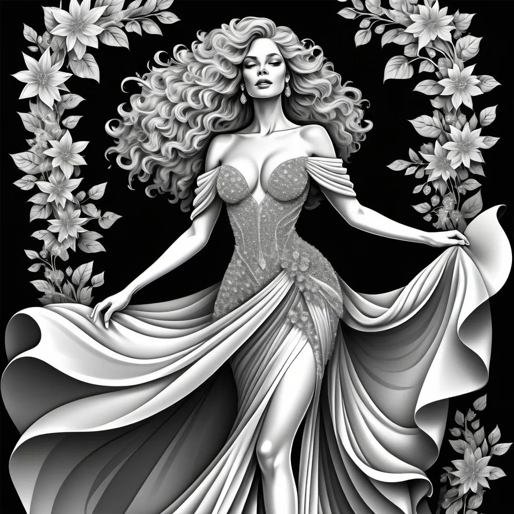 Prompt: Create a bold line art, grayscale full body image of a beautiful Swedish goddess woman, her hands and arms are covered in flowers and diamonds, she is dressed as royalty in a long tiered flowing gown full of diamonds, has beautiful glittery heels, her hair is big, bountiful  curly and flowing fiercely in the wind, she is confident bold and formidable,   detailed imagery, background is a royal  beautiful  setting, high-quality, realism