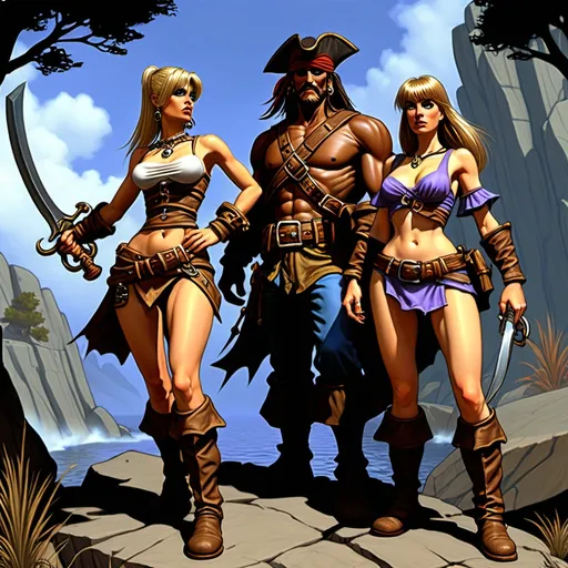 Prompt: EverQuest dark fantasy, pirate and barbarism. Male and female traversing the wilderness rocky and woody.