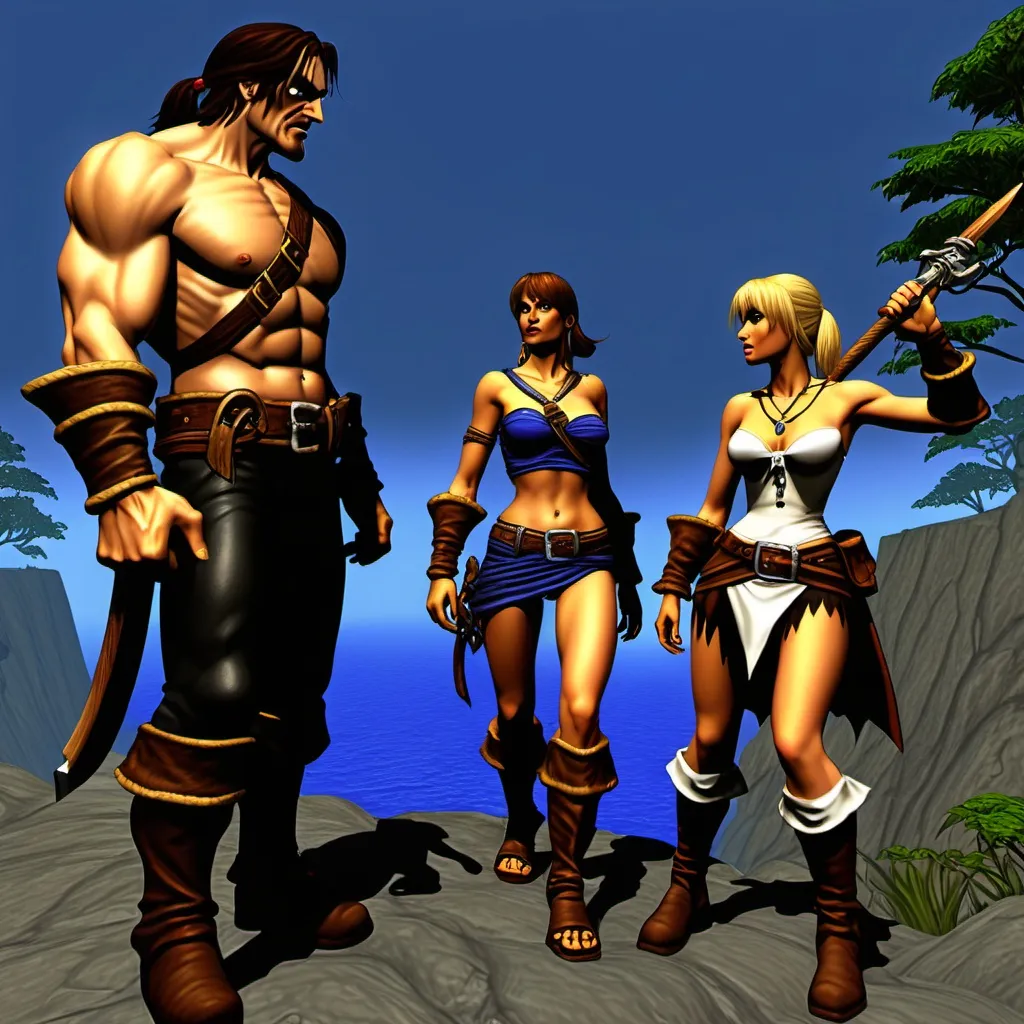 Prompt: EverQuest dark fantasy, pirate and barbarism. Male and female traversing the wilderness rocky and woody.