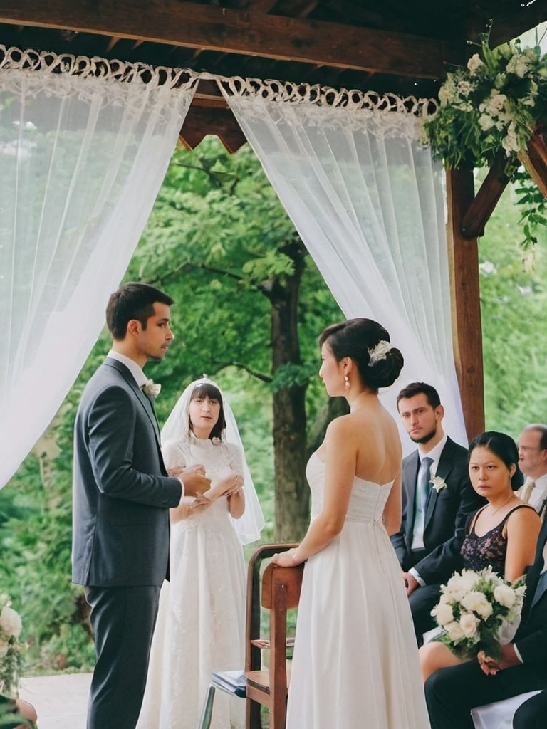 Prompt: A beautiful shot of the wedding ceremony with guests watching.