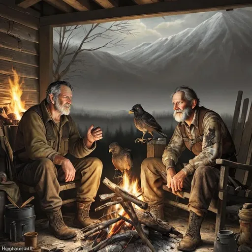 Prompt: Two old buddies hunting crows around a campfire, realistic oil painting, rustic hunting gear, warm and cozy atmosphere, detailed wrinkles and weathered faces, rustic charm, high quality, realistic, warm tones, dramatic lighting
