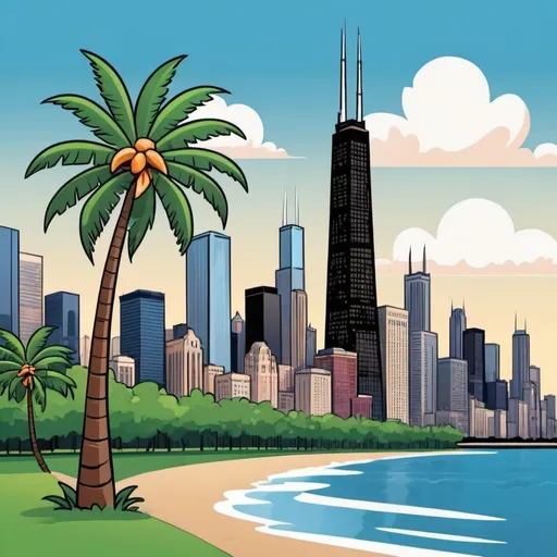 Prompt: A 2d style cartoon of a coconut tree in front of the Chicago skyline