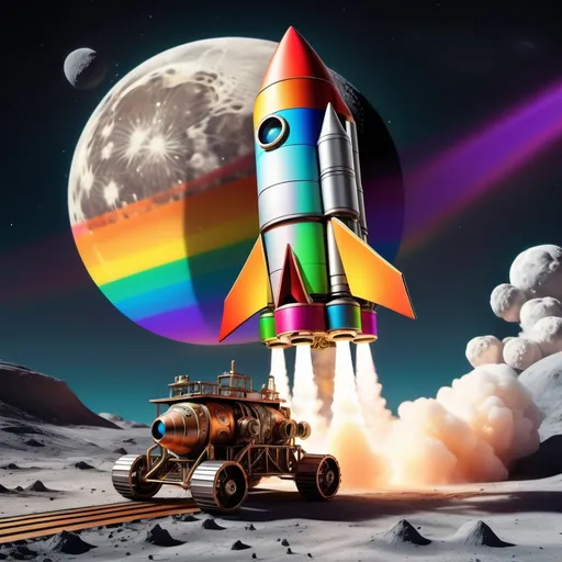 Prompt: Steampunk rocket in rainbow colors landing on the moon