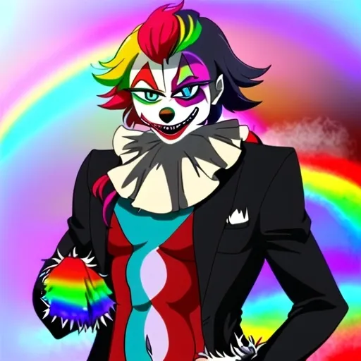 Prompt: Rainbow colored eyes. A clown but a psycho clown. Half animal, half human. Handsome. Skinny. Hairy body, black. And a suit. 