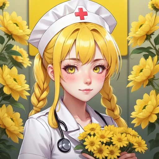 Prompt: an anime style picture of a girl in a nurse uniform, wearing a nurse hat, with yellow cat ears, yellow hair in pigtails,  with yellow flowers in the background