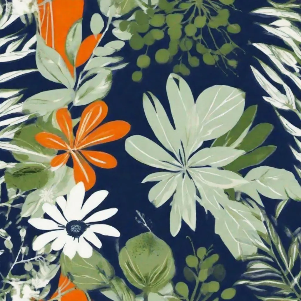 Prompt: botanical prints navy, green, orange that coordinate