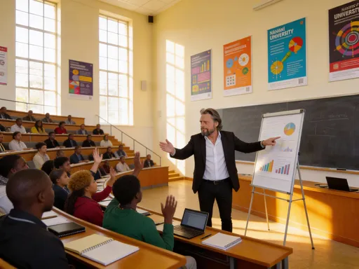 Prompt: @goArXVKjMTgmfJEkfxY9 Is teaching a large college classroom, engaged with the students, White Dress shirt, Black suite jacket , black pants , The classroom is in Kenya, Nairobi