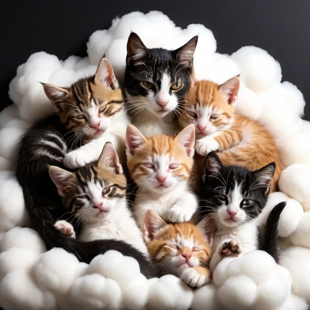 Prompt: a bunch of kittens snuggled up together with mama cat they are sleeping on a cloud!