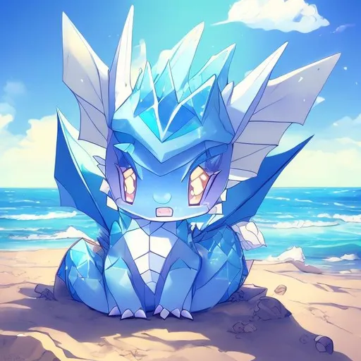 Prompt: a cute diamond dragon sitting at the beach