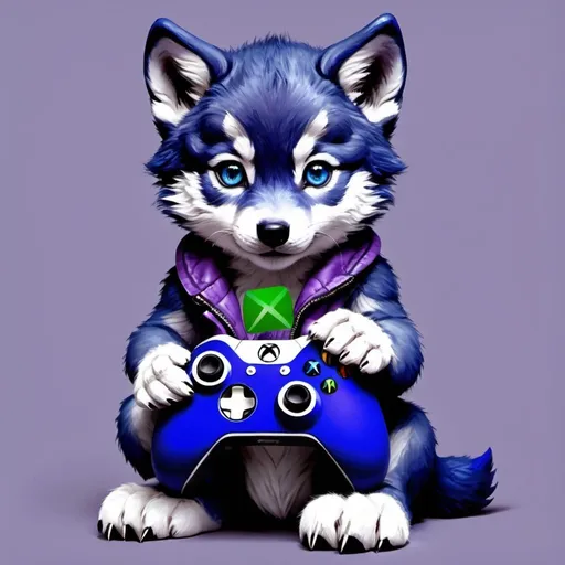 Prompt: navy blue coloured wolf cub with blue eyes detailed (holding a purple Xbox controller) grey) background) hyper realistic very cute make sure its a navy blue wolf cub with a purple controller