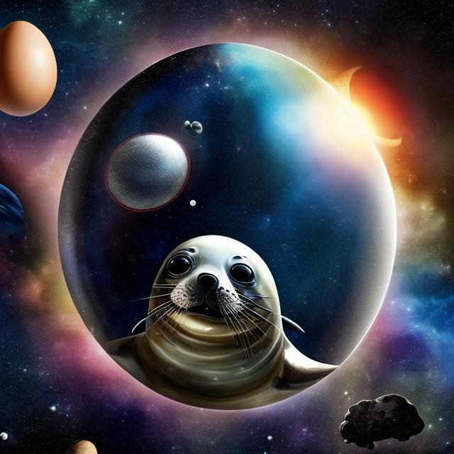 Prompt: in space there is a planet egg that is hatching a seal