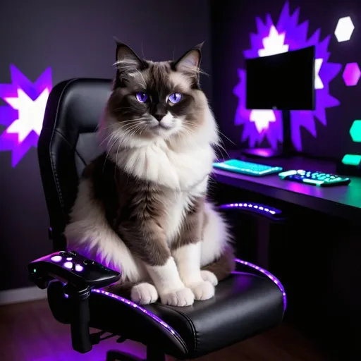 Prompt: black and white ragdoll cat holding a gaming controller sitting in a dark room with glowing purple led lights and glowing wall hexagons the cat is sitting in a gamer chair the screen reflects of his face his rainbow gaming setup gives a small glow to the desk